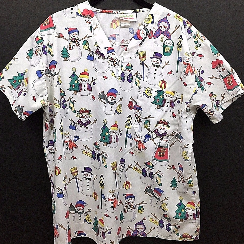 Christmas Scrub Top Snowmen Christmas Trees Size Medium Multi Color Holiday